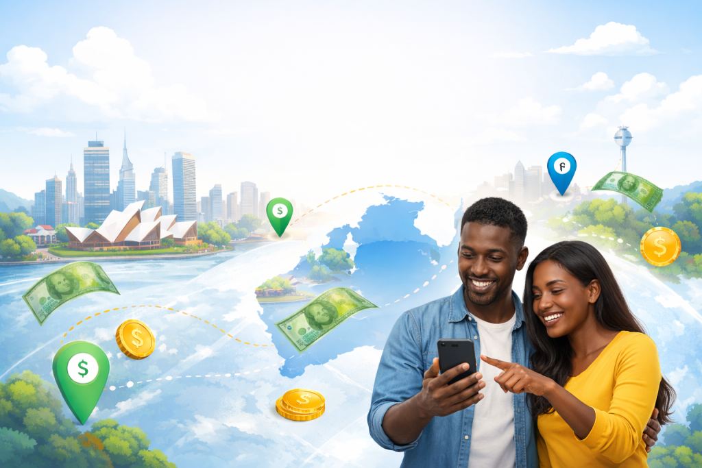 African couple in Australia using ZiMoney digital remittance services to send money internationally